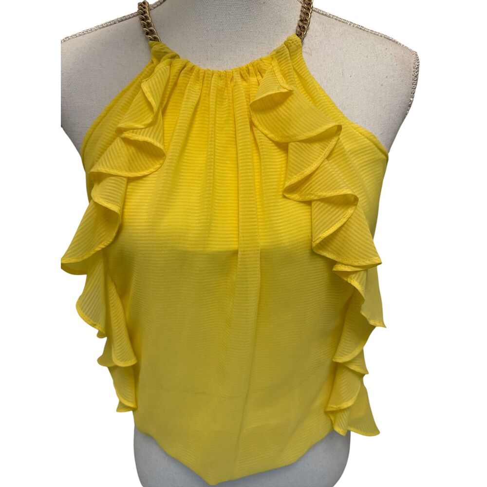 Vintage Caché Yellow Ruffle Halter Top Chain Neckline Blouse Size Small Y2K Boho